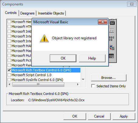 Microsoft Visual Studio : object library not registered